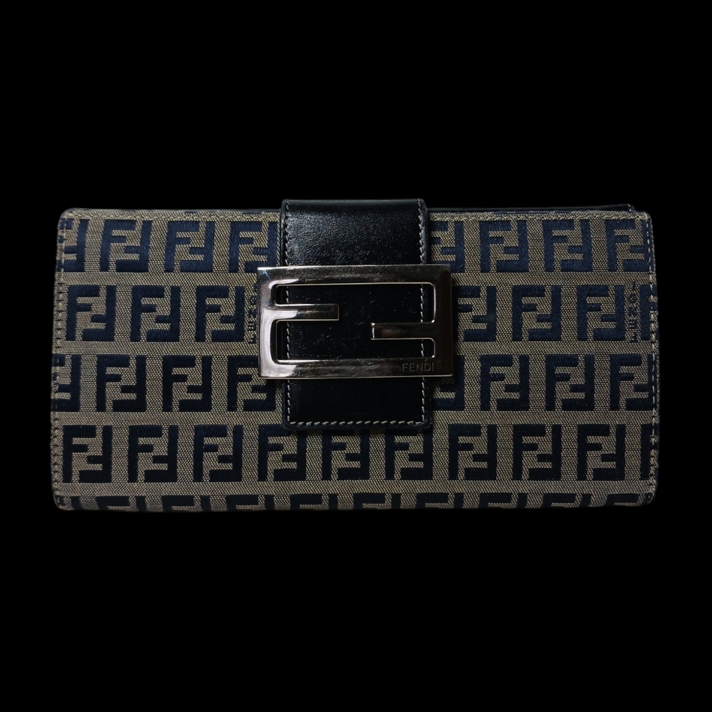FENDI Zucchino canvas long wallet with button snap silver brass logo navy Blue - Picture 3 of 16